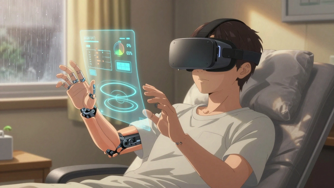 A patient wearing a VR headset, seeing their phantom limb move in a digital environment with real-time pain reduction data.