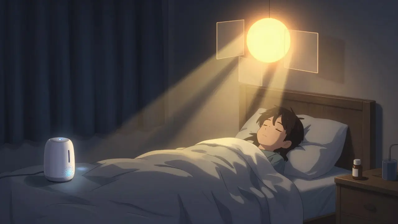 A person sleeping peacefully in a darkened room with melatonin bottle and blocked daylight.