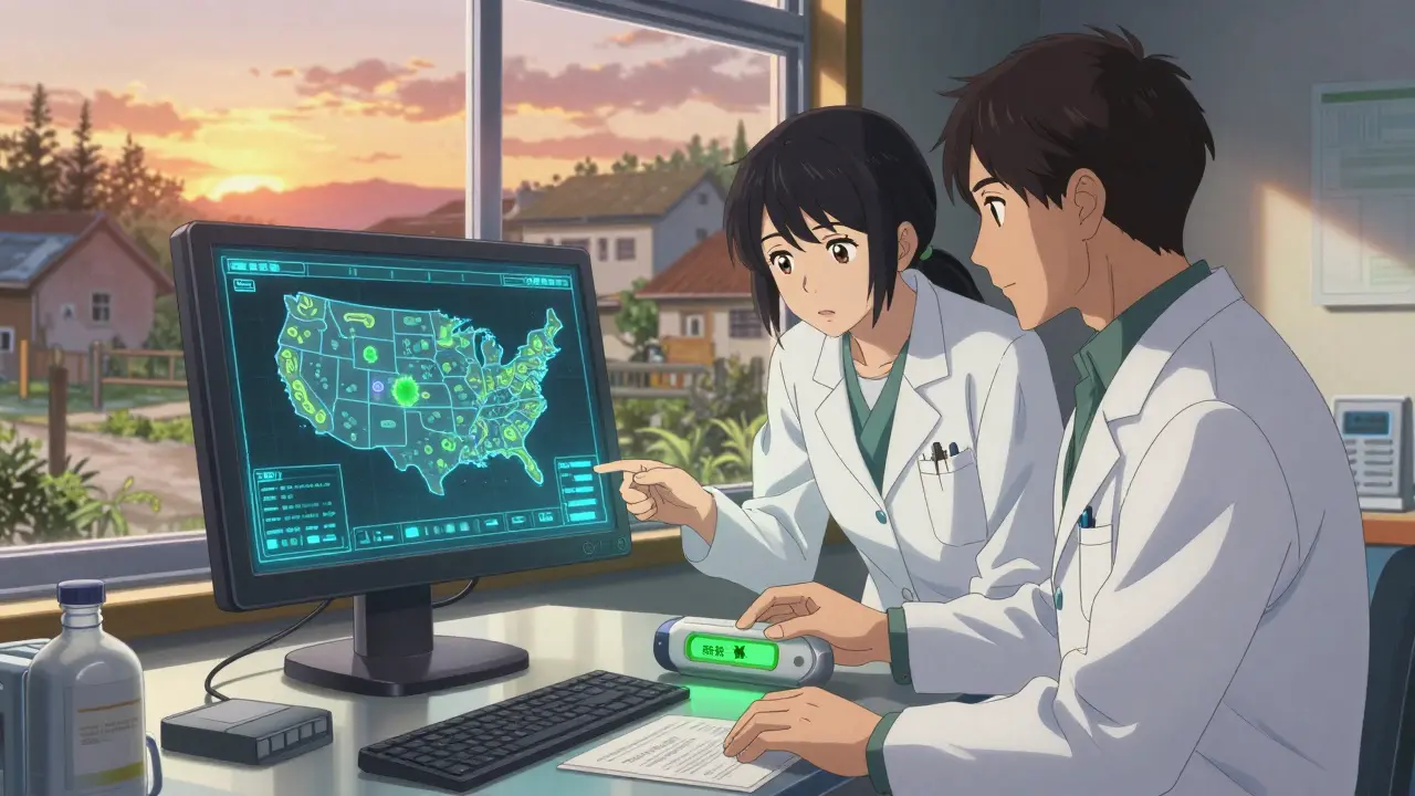 A pharmacist and doctor reviewing AI diagnostics showing bacterial resistance maps in a rural clinic