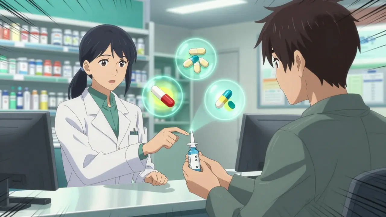 A pharmacist handing naloxone to a customer, with warning icons floating around prescription pills.
