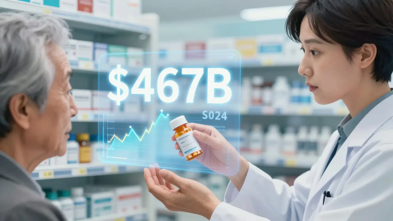 A pharmacist hands a generic pill bottle to an elderly patient, with floating financial savings data.
