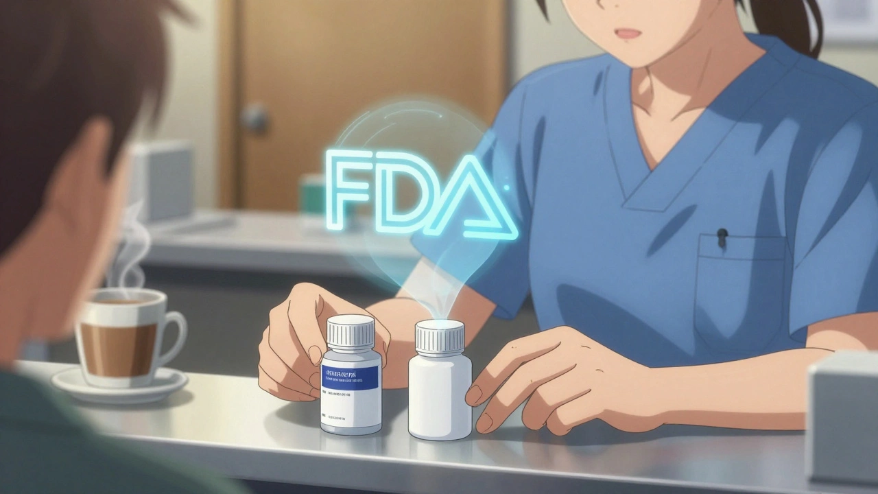 A pharmacist placing two identical pills side by side, one branded and one generic, with an FDA logo above.