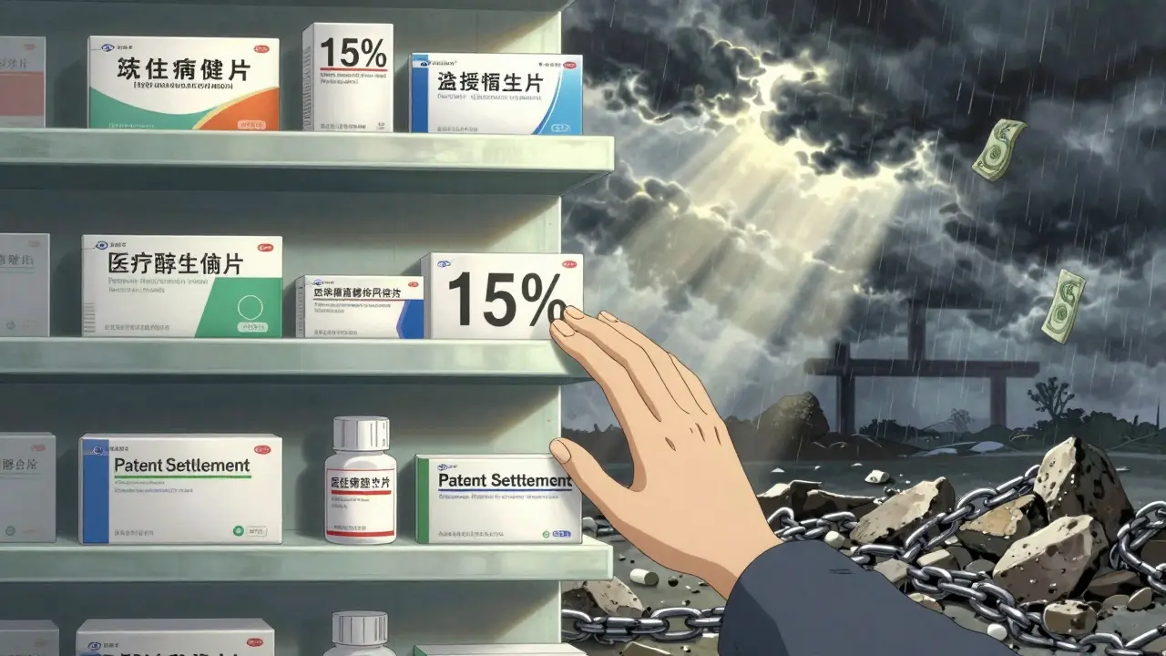 A pharmacy shelf shows three pill rows: brand, authorized generic, and buried independent generic, with a patient's hand reaching toward the lowest, chained row.