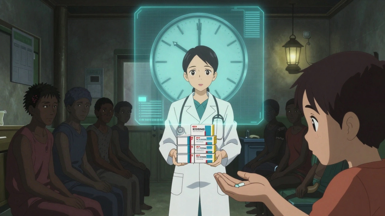 A rural healthcare worker holds generic medicine boxes as patients wait, a patent clock looms behind, and a child takes a pill with hope.