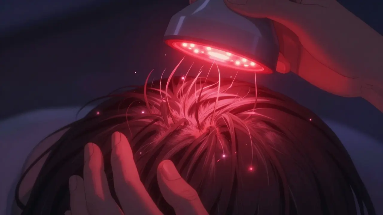 A scalp illuminated by red laser light, with new hair follicles glowing as they begin to regrow.