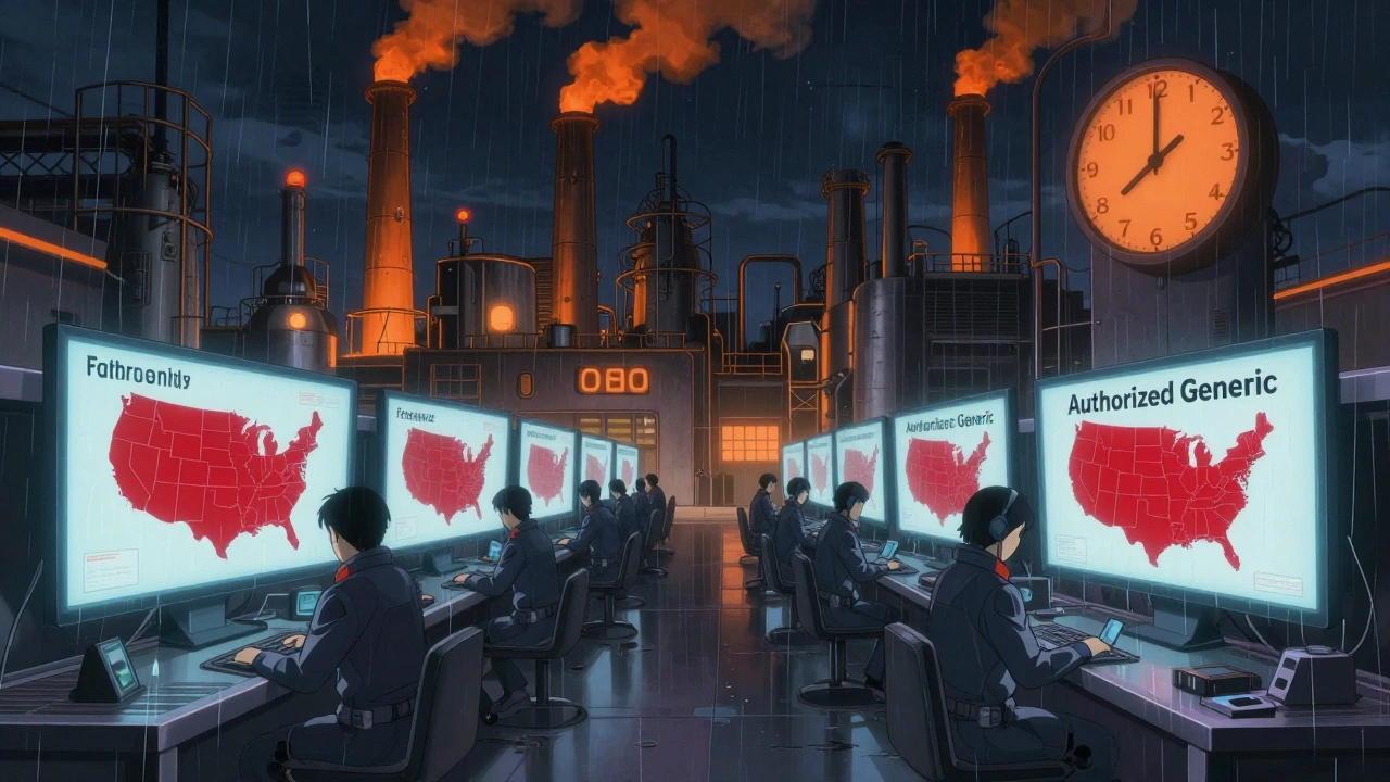 A U.S. factory with two parallel production lines for branded and authorized generic pills at night.