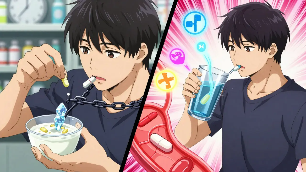 Antibiotic blocked by dairy on one side, freely absorbed with water on the other.