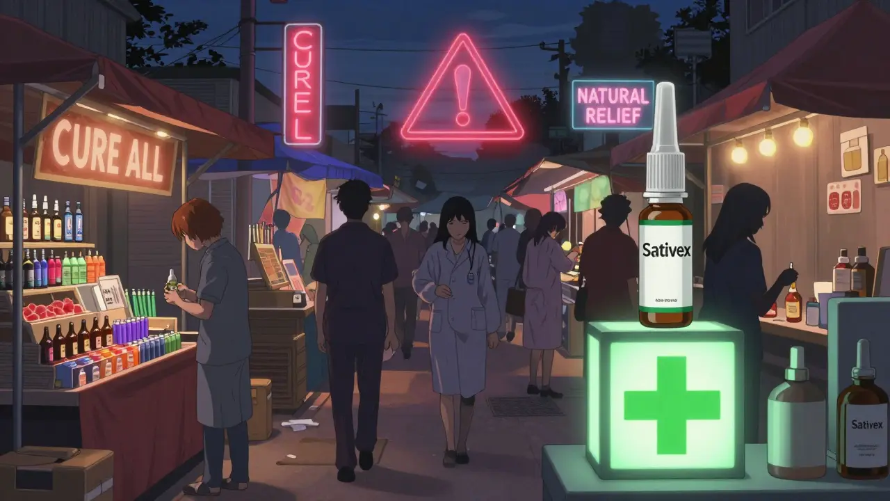 Chaotic cannabinoid marketplace with one safe dispensary glowing amid misleading products.