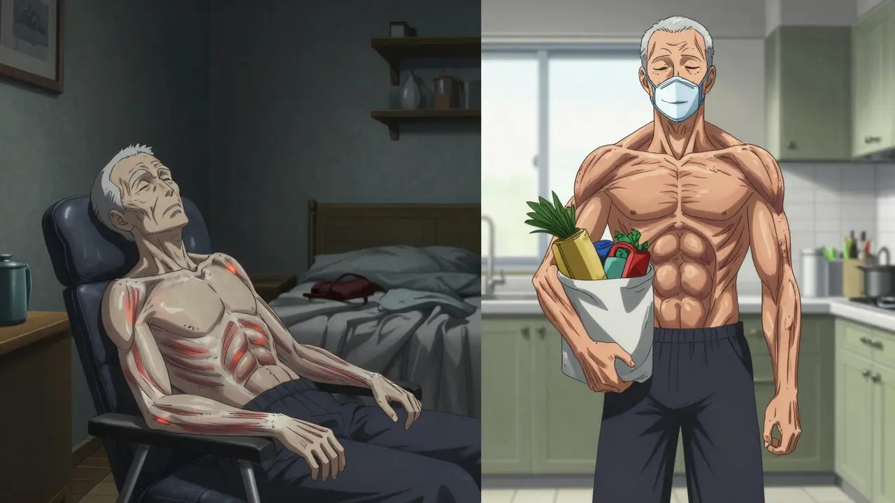 Contrasting images of a frail COPD patient versus a stronger one after training, showing muscle recovery and renewed independence.
