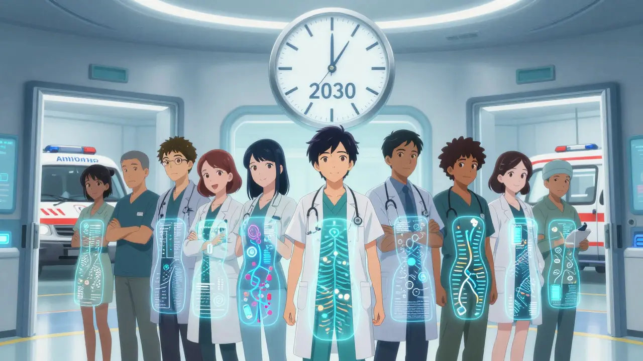 Diverse individuals with translucent genetic profiles in a futuristic clinic as time moves toward 2030.