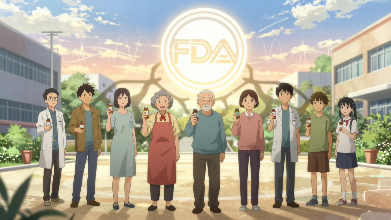 Diverse patients in a hospital courtyard holding generic NTI drug bottles, their shadows forming a chain to a glowing FDA seal.