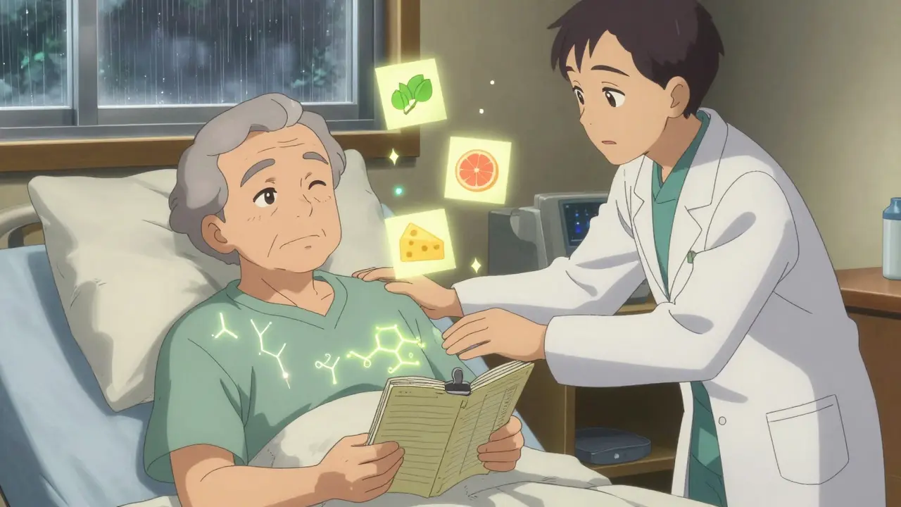 Elderly patient with medication log, pharmacist nearby, safety icons floating gently around them.