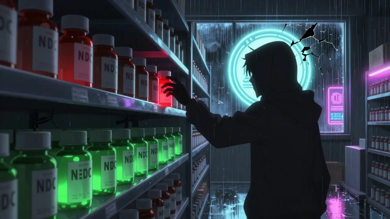 Fake medicine bottle glowing red among legitimate ones in a dim warehouse.