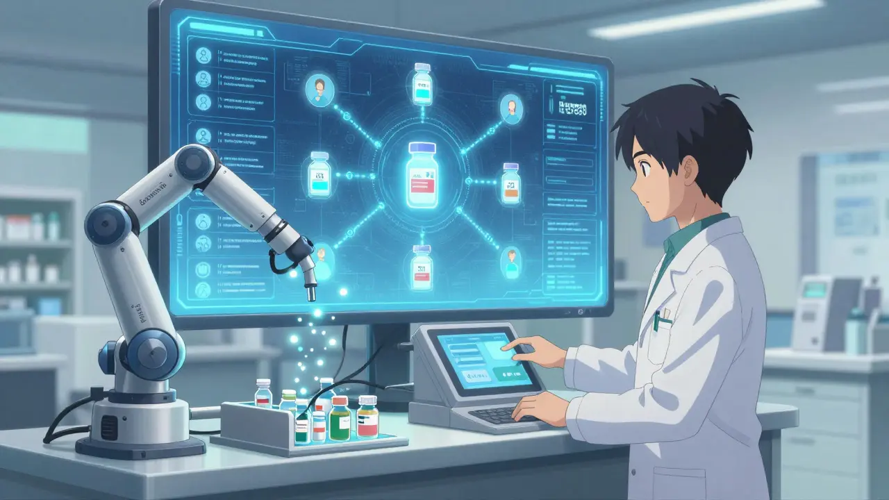 Futuristic pharmacy system auto-flagging a recall with patient data linked.