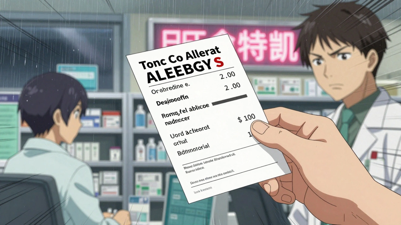 Hand giving a printed allergy card to a pharmacist in a bright hospital pharmacy.