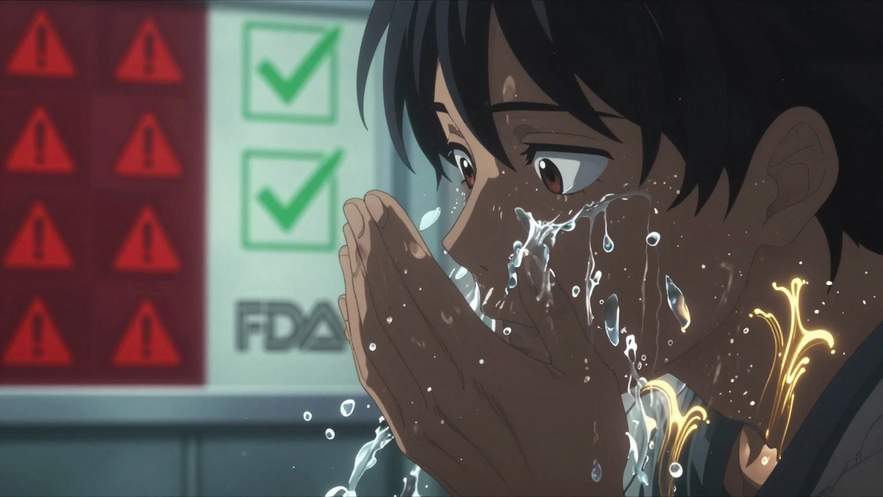 Hands splashing cold water on face, golden waves of calm radiating as digital warnings fade.