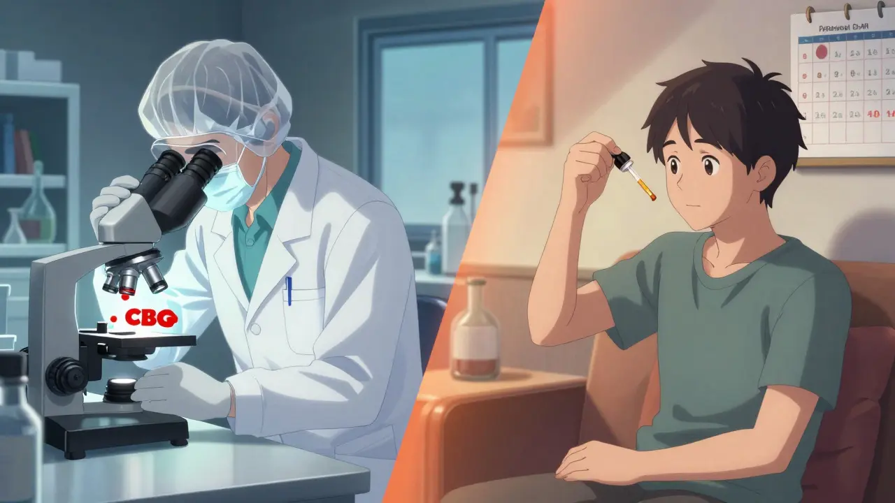 Lab researcher studying CBG molecule alongside patient taking tincture at home.