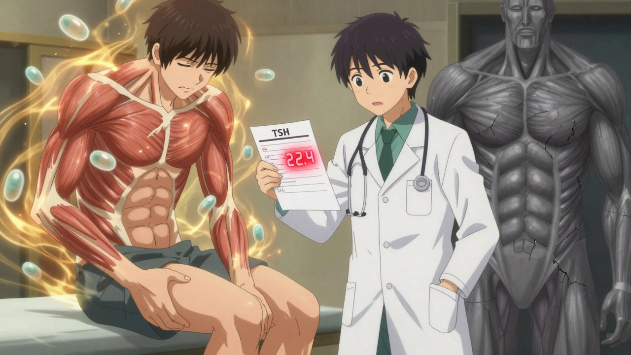 Patient in pain with doctor holding a blood test showing dangerously high TSH level, surrounded by swirling statin molecules.