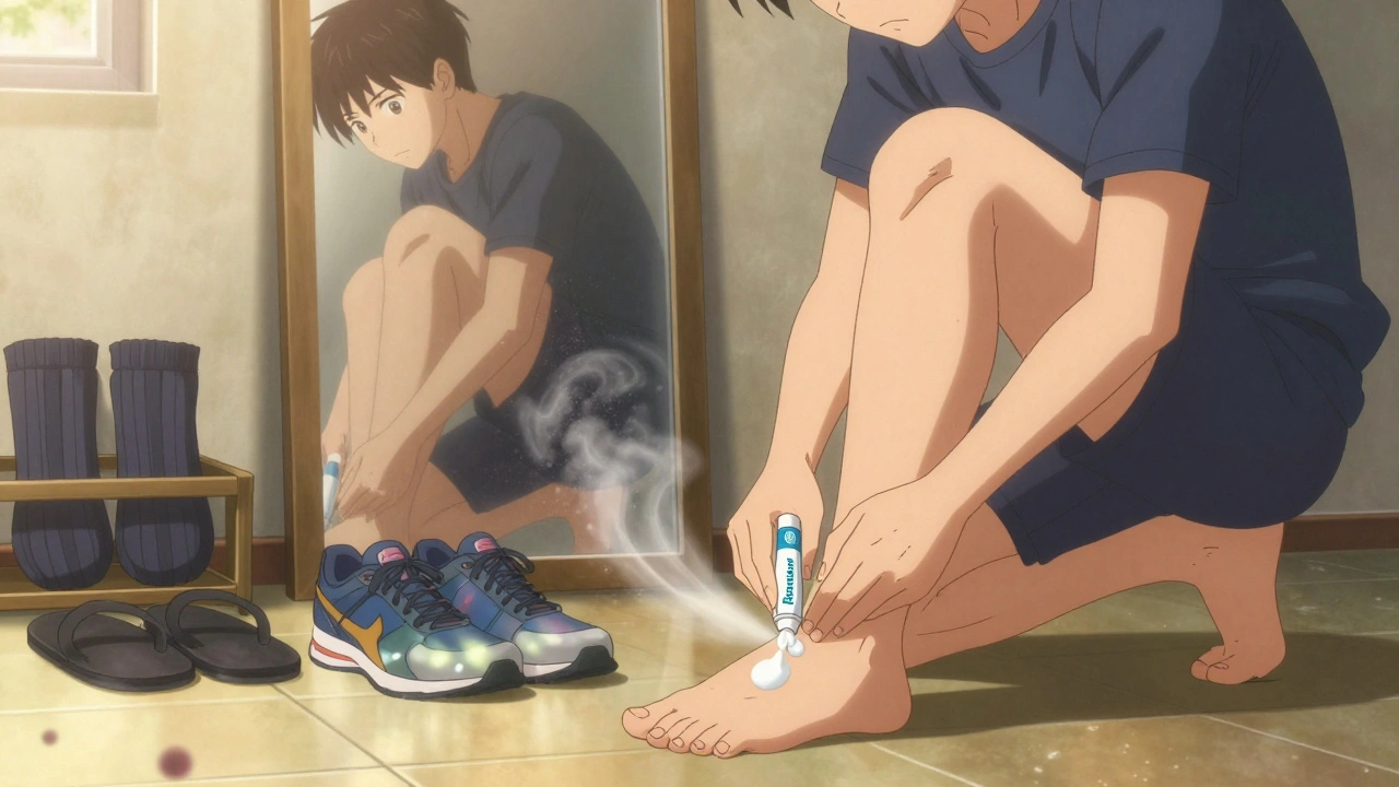 Person applying antifungal cream to feet with powder and socks nearby in a bathroom setting.