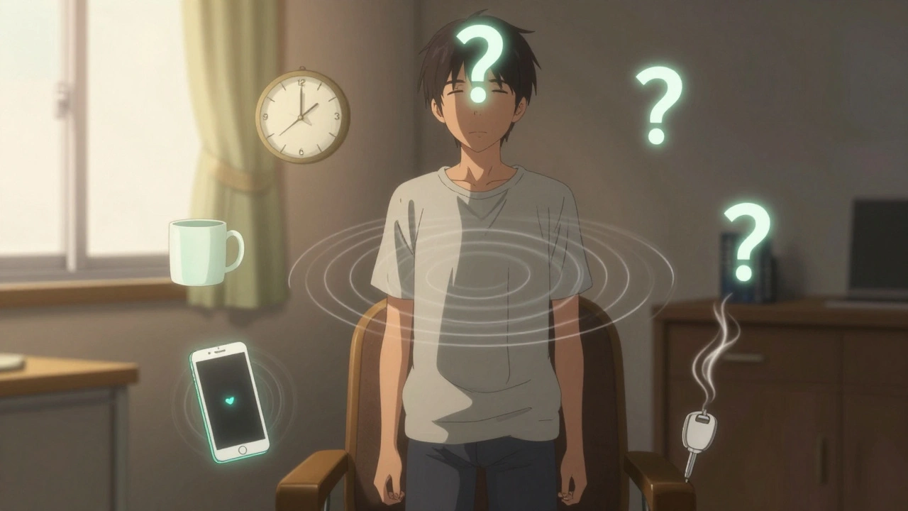 Person grounded using 5-4-3-2-1 method, glowing objects and sensory trails surrounding them.