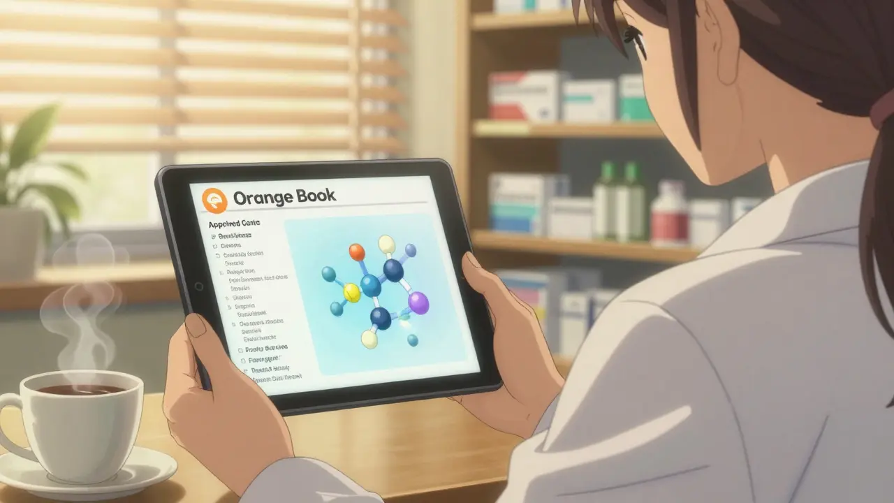 Pharmacist comparing brand and generic drugs using the FDA Orange Book.