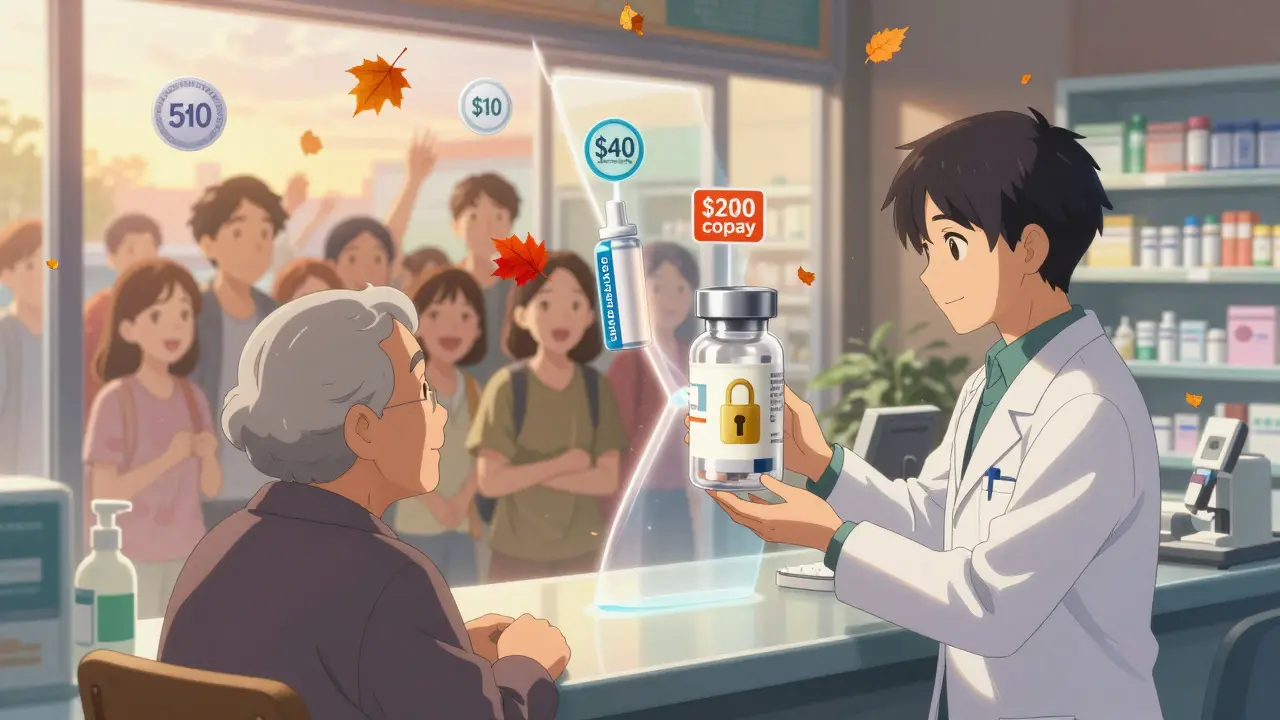 Pharmacist handing a generic pill to an elderly patient, with a split timeline showing high brand price versus low generic price.