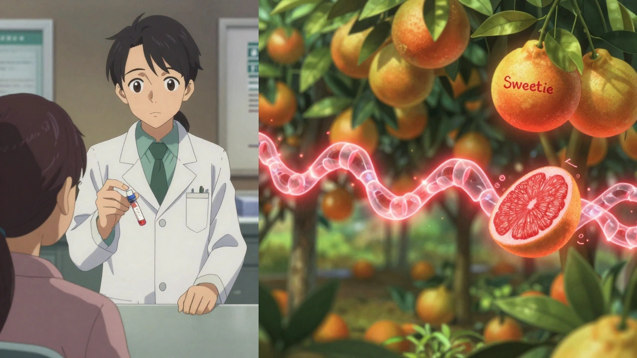 Pharmacist hands genetic test vial as dangerous citrus fruits pulse with red energy.