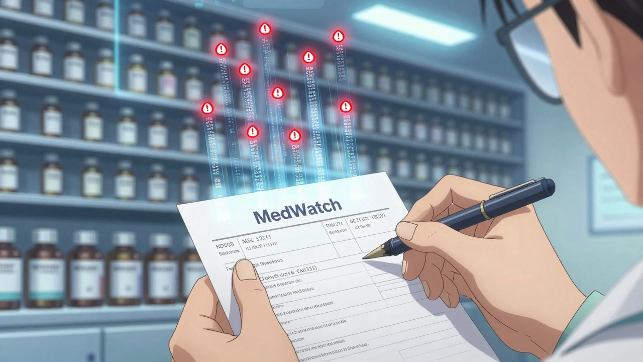 Pharmacist writing an NDC number on a MedWatch form as patient reports flow into a digital FDA dashboard.