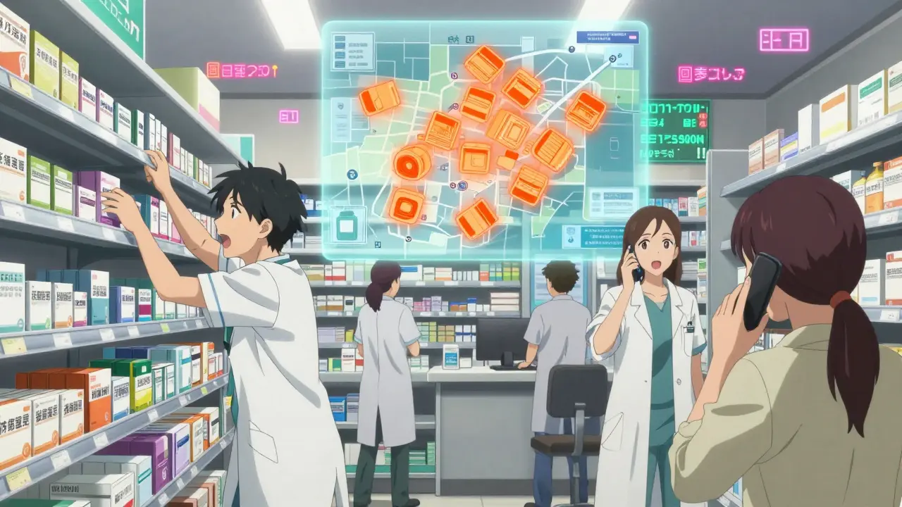 Pharmacy team managing a recall emergency with quarantined drugs highlighted.