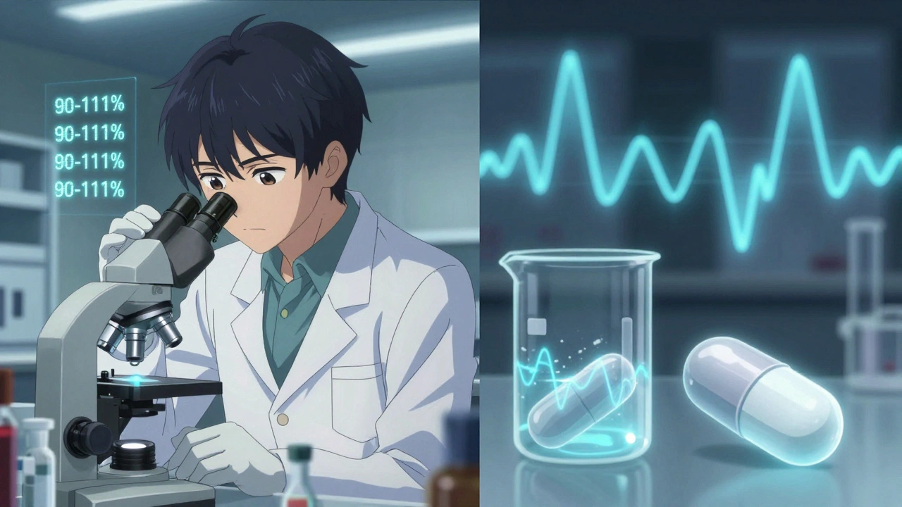Scientist analyzing blood samples with floating bioequivalence data, generic and brand pills emitting matching wave patterns.