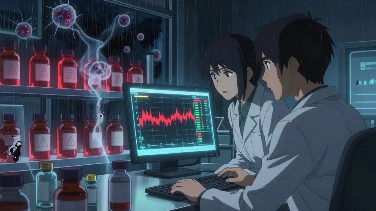 Scientists monitoring a dangerous nitrosamine spike in a lab, drug bottles glowing with warning halos.