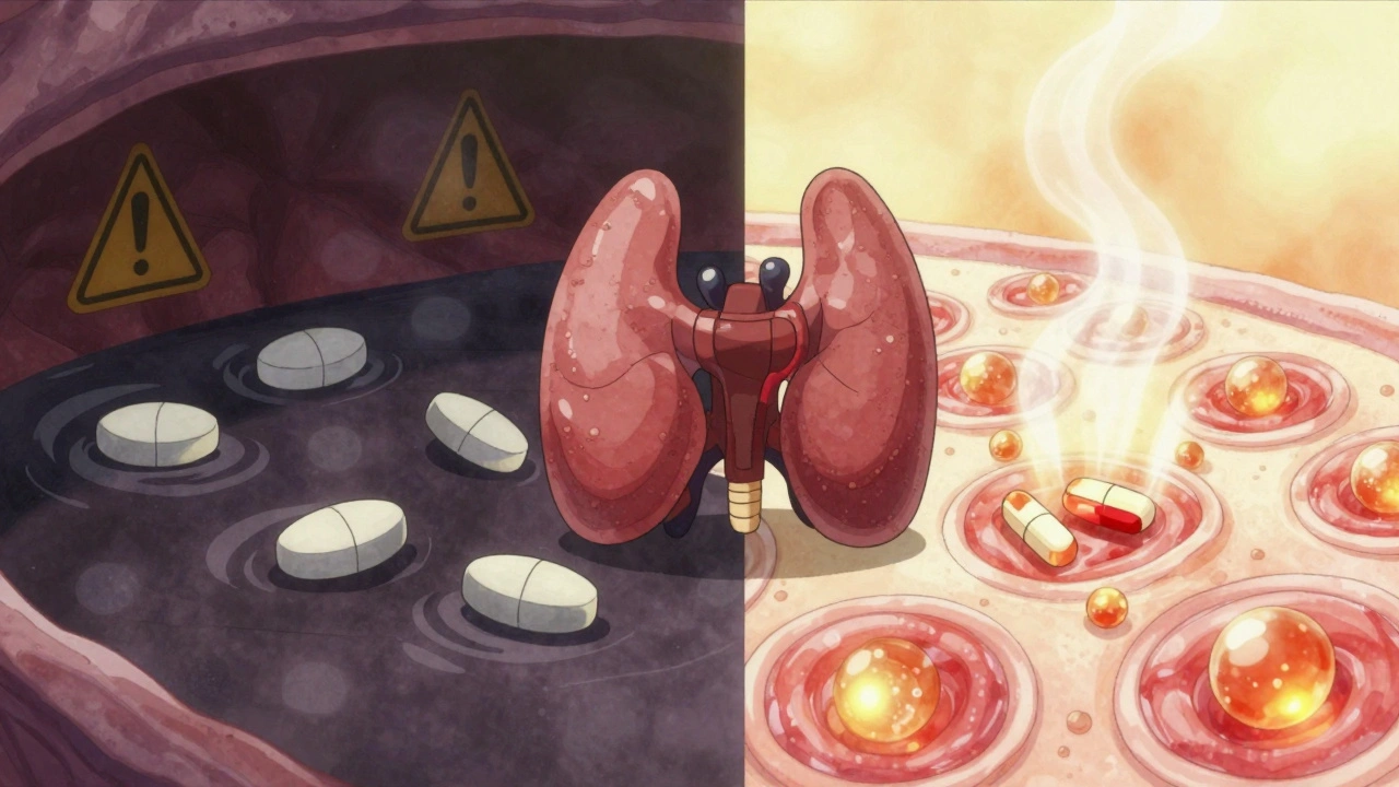 Split image comparing dangerous simvastatin effects versus safe rosuvastatin use in hypothyroid muscle tissue.