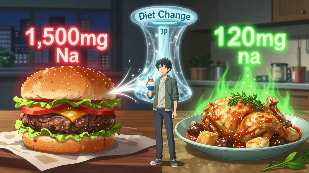Split scene: high-sodium fast food vs. healthy home meal, man holding blood pressure pill as sodium fades away.
