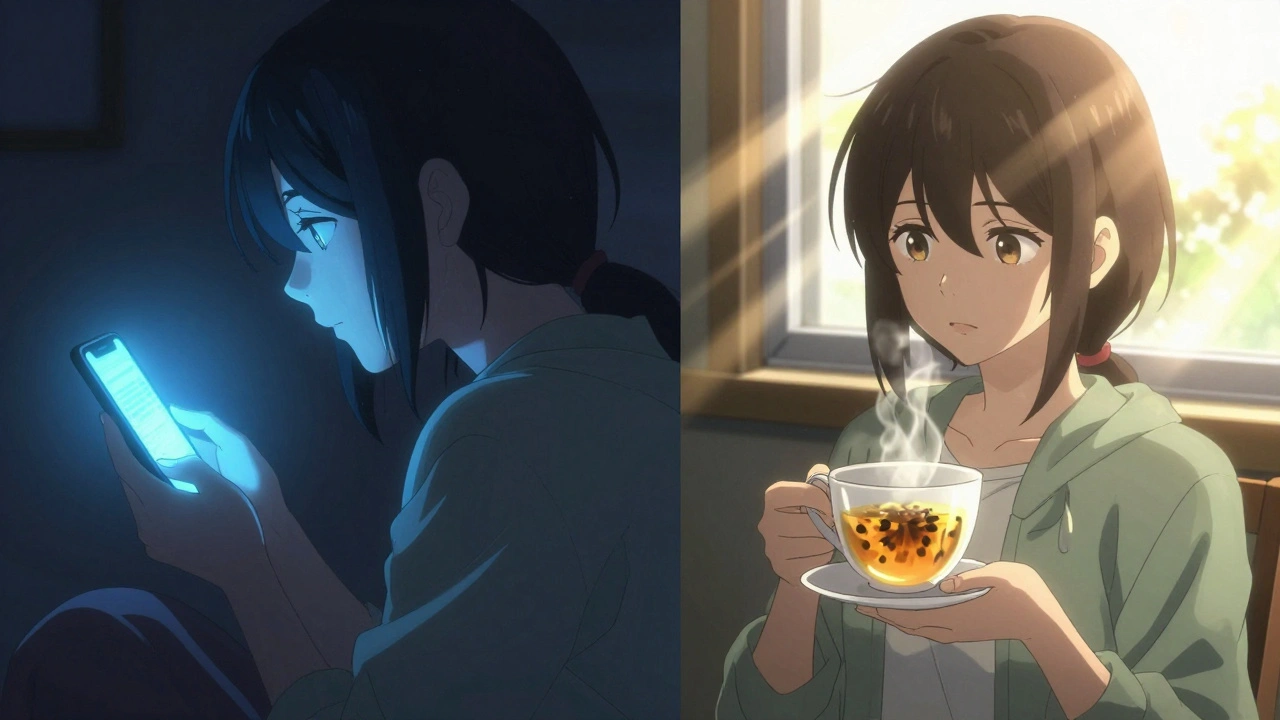 Split scene: person scrolling on phone at night versus drinking tea in morning sunlight, showing sleep contrast.
