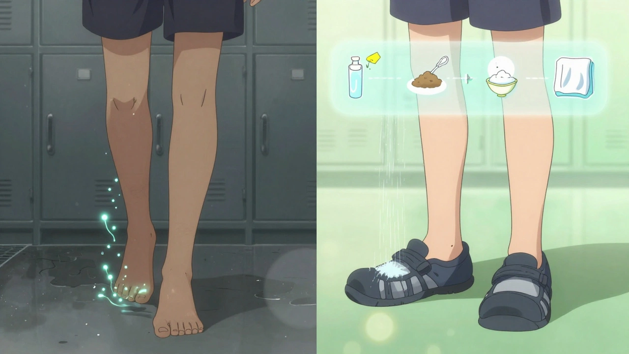 Split scene showing fungal spread in locker room versus recovery with proper foot care.