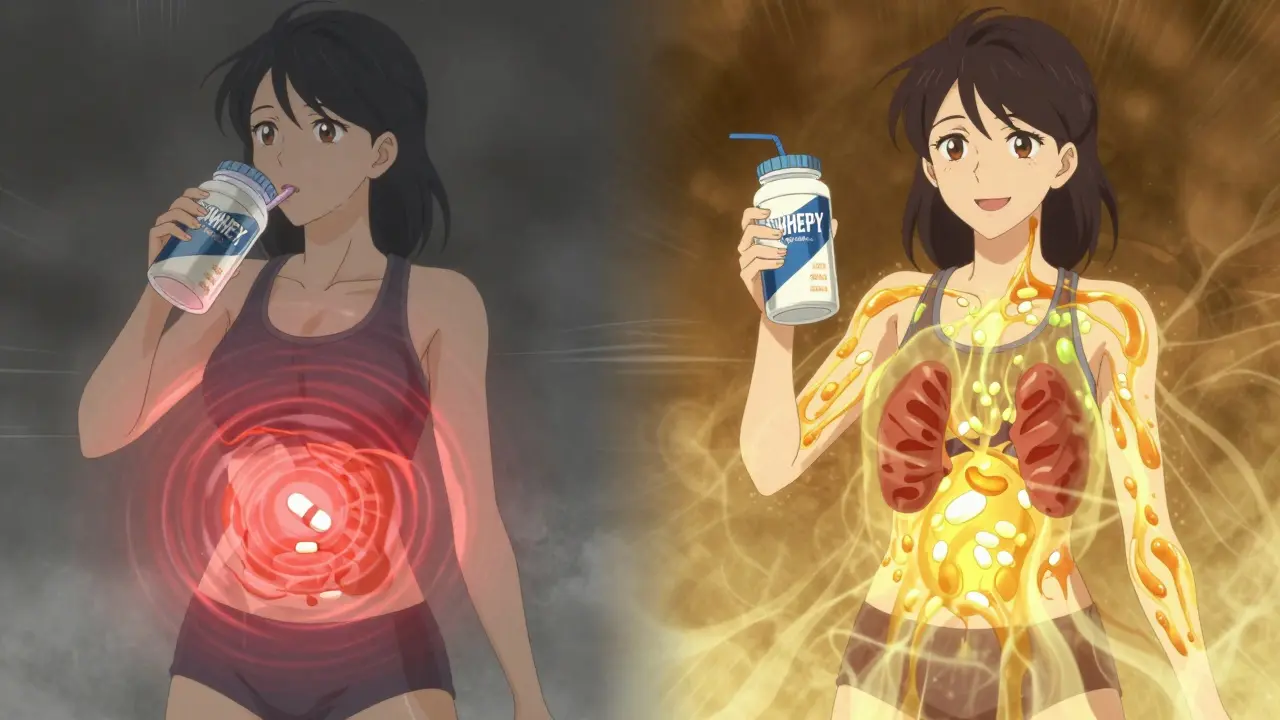 Split scene showing protein shake blocking thyroid medication absorption versus successful hormone flow.