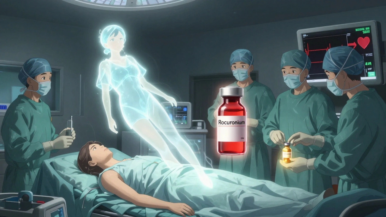 Surreal memory scene in an operating room with glowing safe and dangerous drugs.