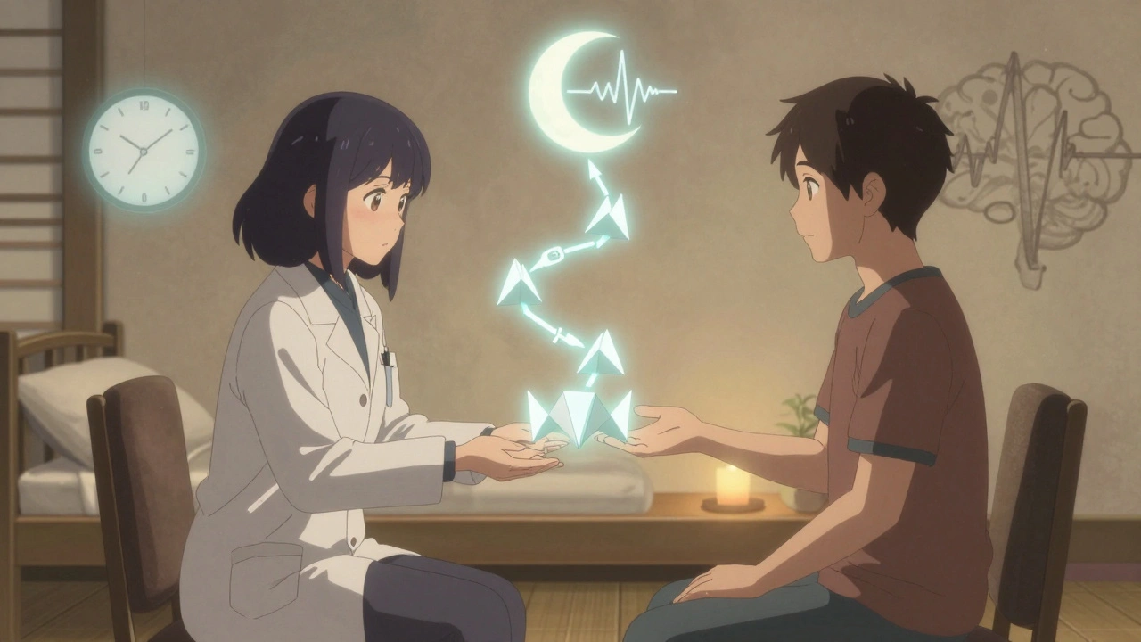 Therapist and patient connected by glowing CBT-I symbols floating in a calm, softly lit therapy room.