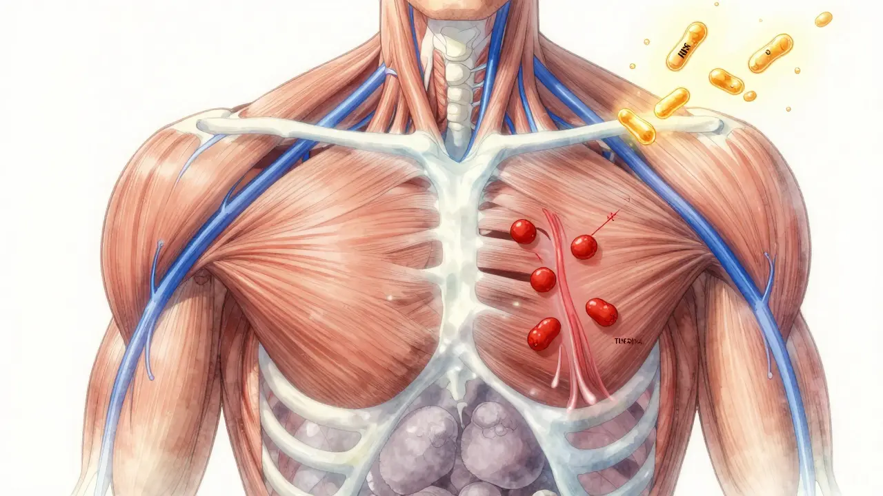 Transparent torso showing muscle atrophy and inflammation in COPD, with protein molecules activating muscle repair.