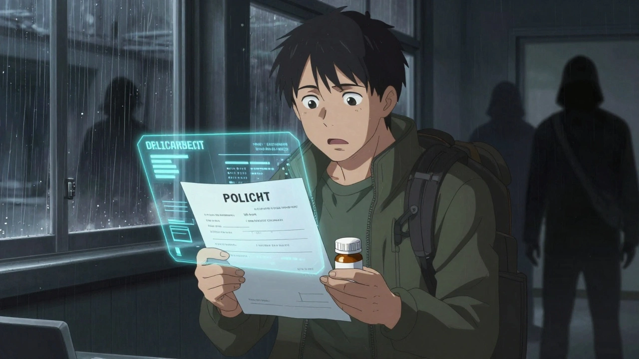 Traveler filing police report at embassy with doctor’s letter and digital prescription system.