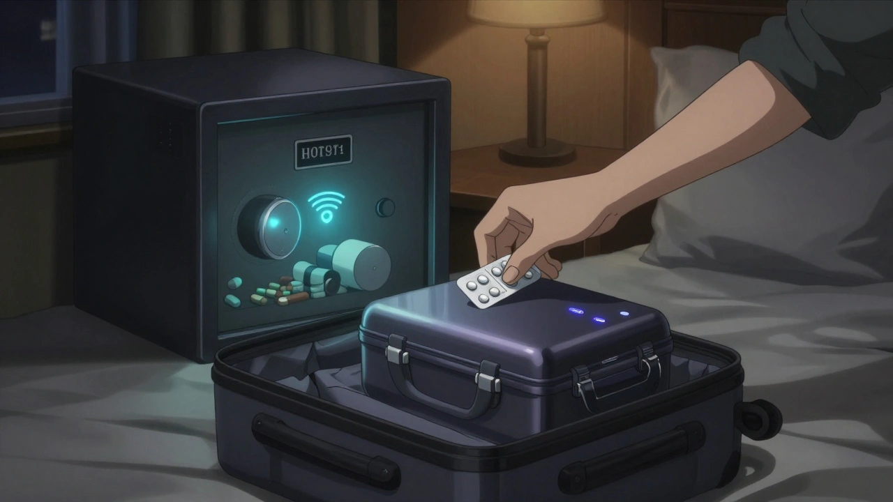 Traveler storing daily meds in locked case while hotel safe glows in background.