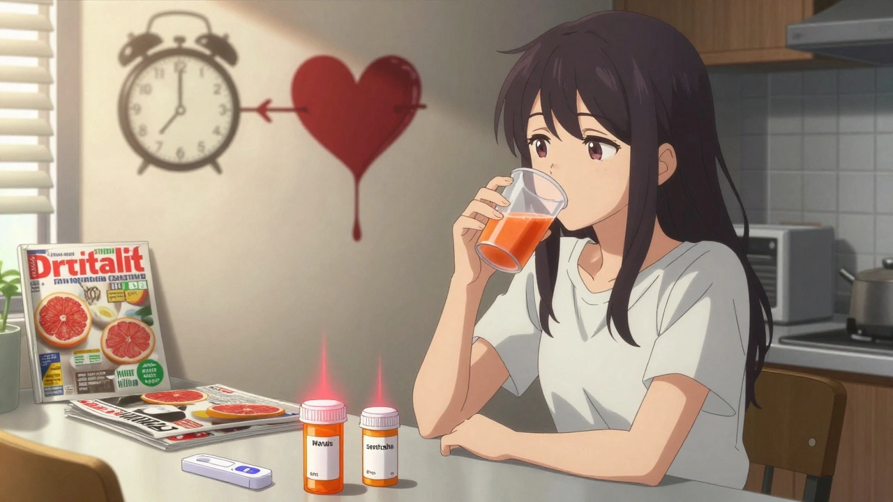 Woman drinking grapefruit juice while warfarin and sertraline bottles glow with warning signs.