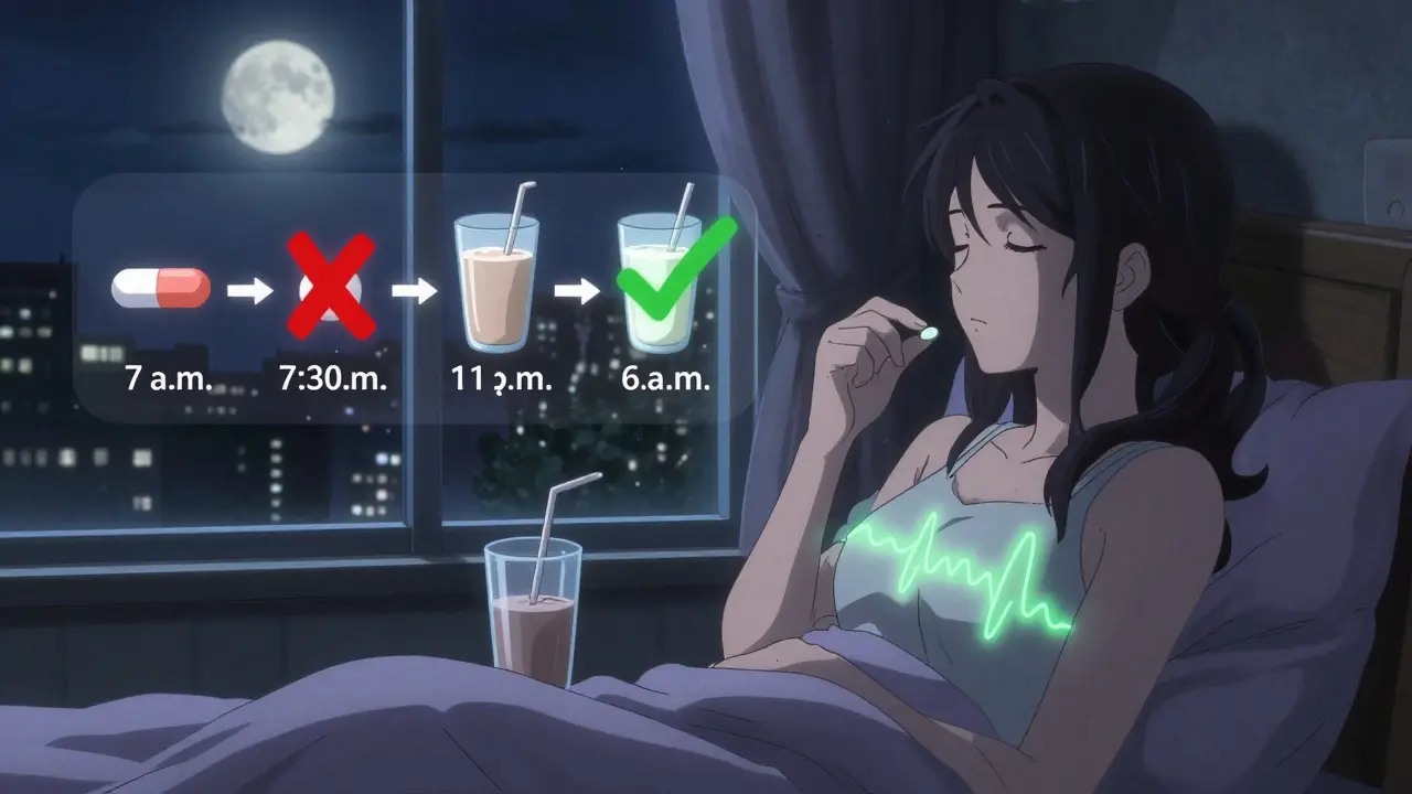 Woman taking thyroid medication at night under soft light, with a timeline showing improved timing.