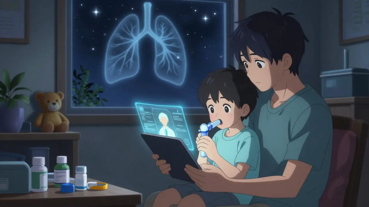 A family reviews an asthma care plan at home with a glowing lung visualization.