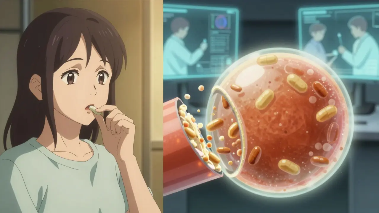 A patient swallowing a pill while a microscopic view shows the drug releasing evenly in stomach fluid.