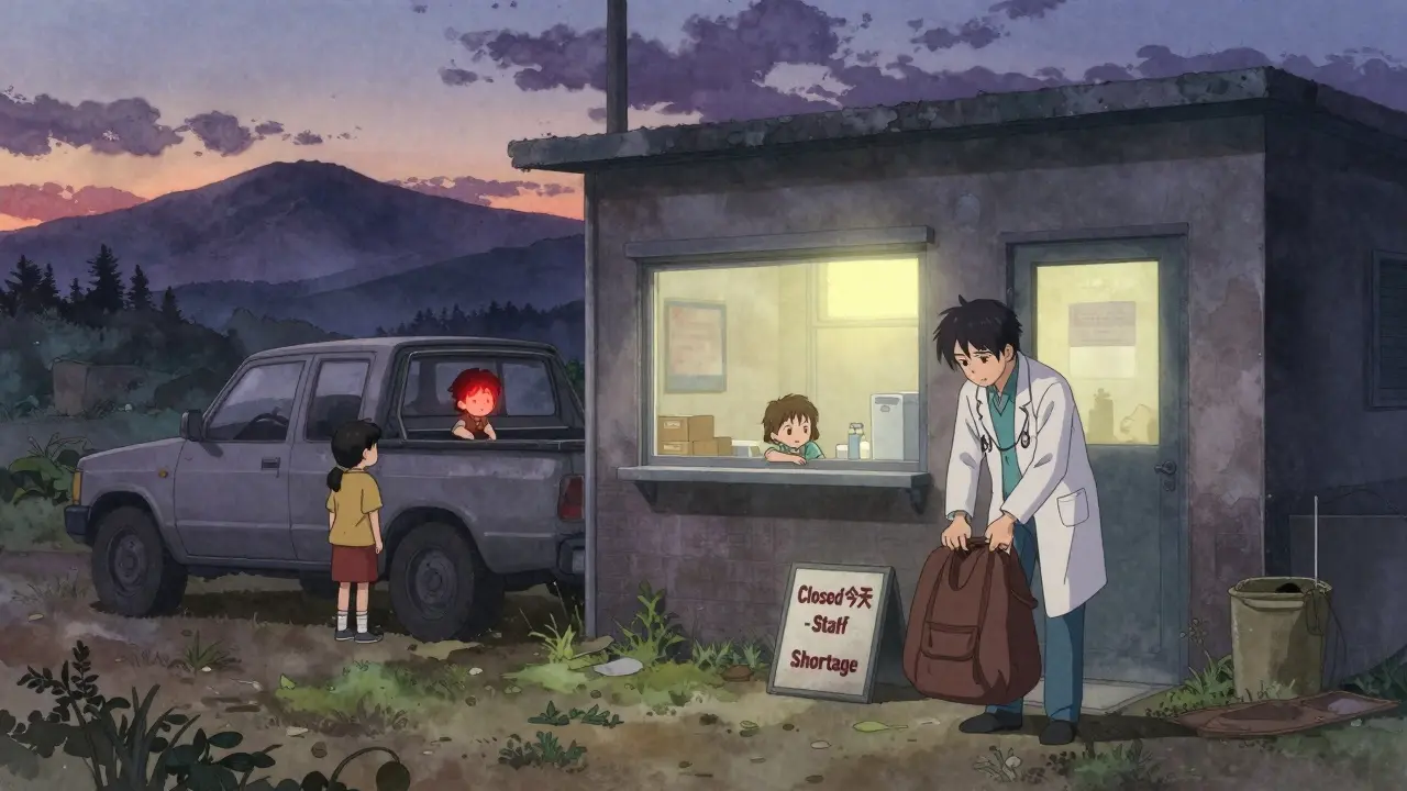 A rural clinic closes at dusk as a family waits in their truck, the doctor leaving for the day.