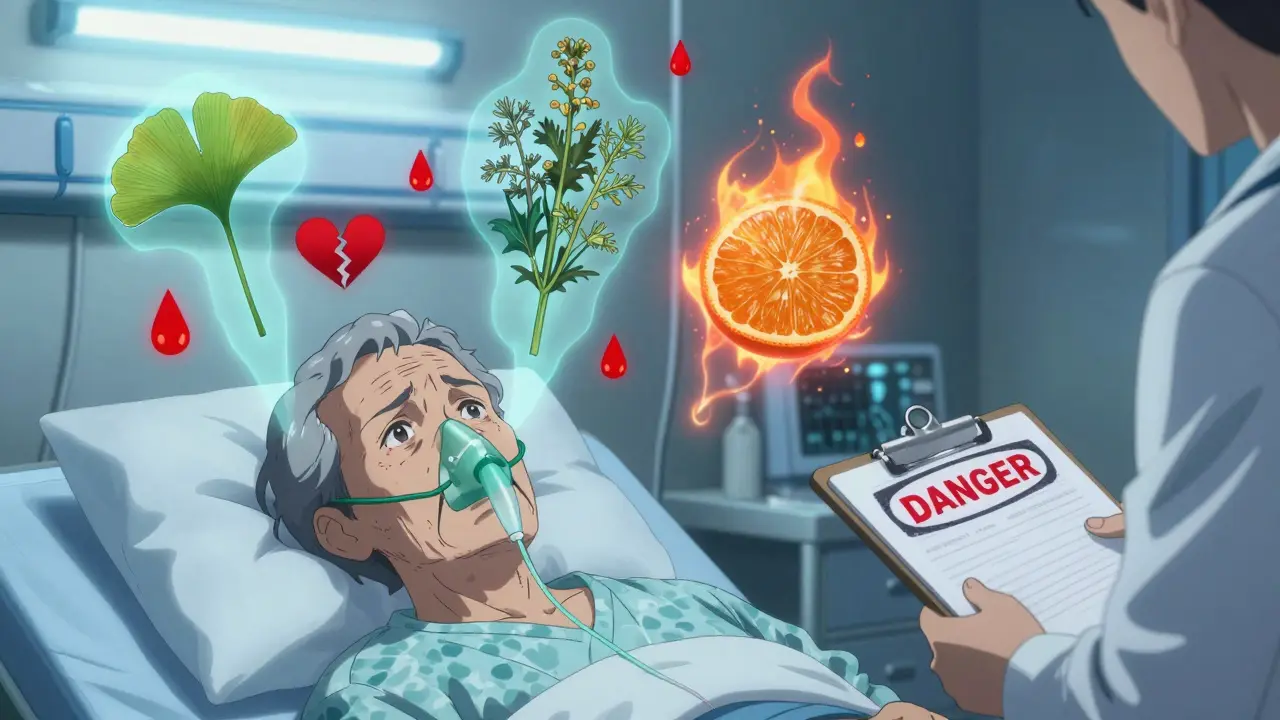 A sick elderly patient in a hospital bed surrounded by ghostly images of dangerous herbs emitting warning symbols.