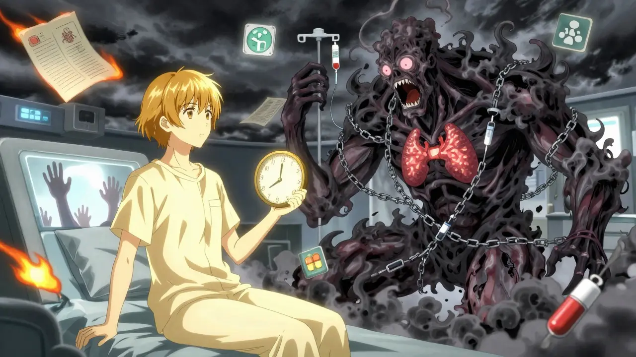 A surreal battle between a healthy and monstrous version of a patient, surrounded by burning medical icons and stormy skies.