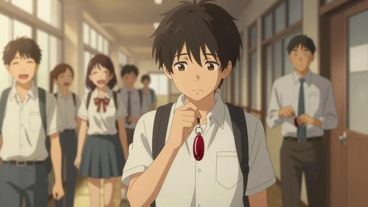 A teen carries a compact, stylish spacer on his keychain in the school hallway.