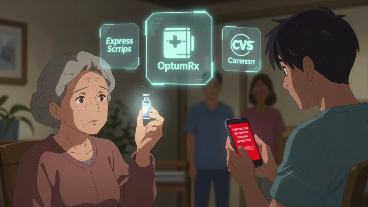 A woman examines cloudy insulin while a red alert flashes on her phone, holographic pharmacy logos nearby.